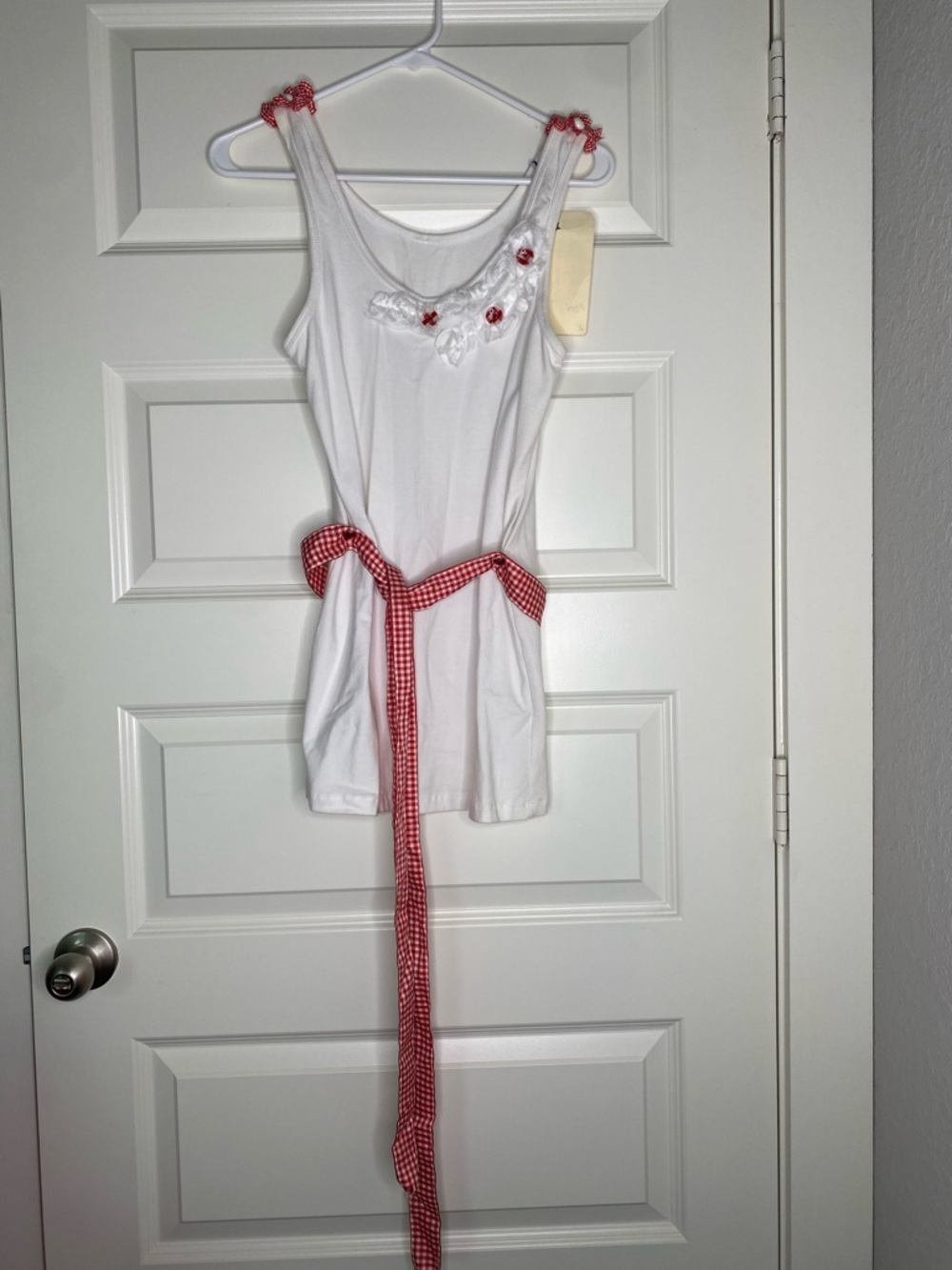 OOAK White Tank Top with Red Gingham Belt and Trim